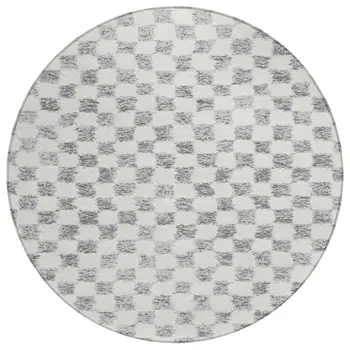 8' Gray And Ivory Round Geometric Washable Indoor Outdoor Area Rug