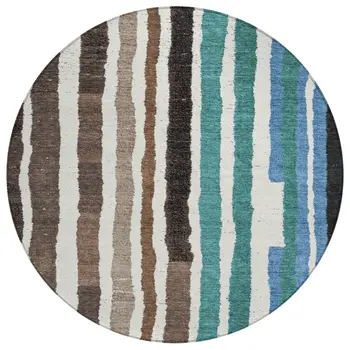 8' Brown Teal Blue And Ivory Round Striped Washable Indoor Outdoor Area Rug