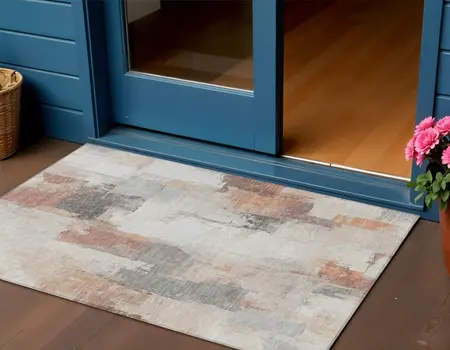 3' X 5' Rust And Ivory Abstract Washable Indoor Outdoor Area Rug