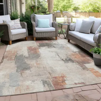 3' X 5' Rust And Ivory Abstract Washable Indoor Outdoor Area Rug