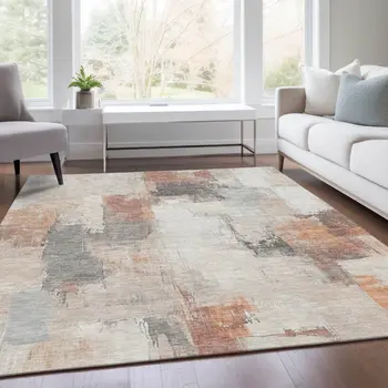 3' X 5' Rust And Ivory Abstract Washable Indoor Outdoor Area Rug