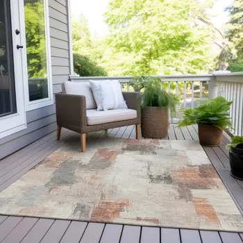 3' X 5' Rust And Ivory Abstract Washable Indoor Outdoor Area Rug