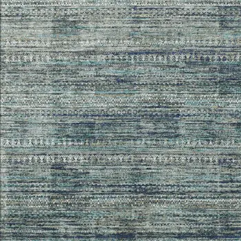 9' X 12' Teal Blue And Ivory Striped Washable Indoor Outdoor Area Rug