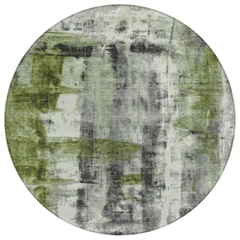 8' Olive Green And Ivory Round Abstract Washable Indoor Outdoor Area Rug