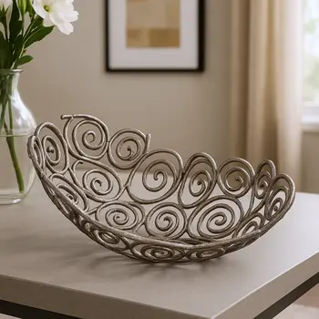 16" Silver Aluminum Abstract Circles Oval Decorative Bowl