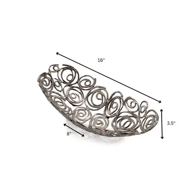 16" Silver Aluminum Abstract Circles Oval Decorative Bowl