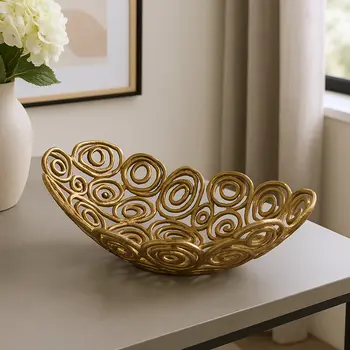 20" Gold Aluminum Abstract Circles Oval Decorative Bowl