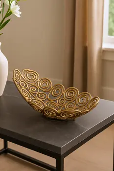 16" Gold Aluminum Abstract Circles Oval Decorative Bowl