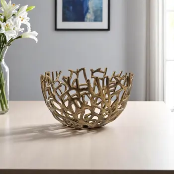 14" Gold Aluminum Coral Decorative Round Bowl