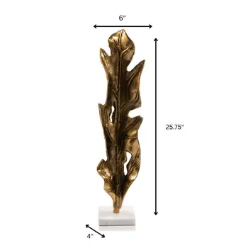 26" Antiqued Gold And White Aluminum And Marble Leaf Tabletop Sculpture