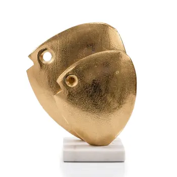 11" Gold And White Aluminum And Marble Fishes Tabletop Sculpture