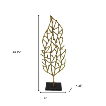 26" Gold And Black Aluminum And Marble Leaf Tabletop Sculpture