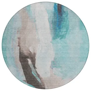 8' Teal Blue And Brown Round Abstract Washable Indoor Outdoor Area Rug