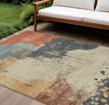 8' X 10' Rust Beige And Charcoal Abstract Washable Indoor Outdoor Area Rug