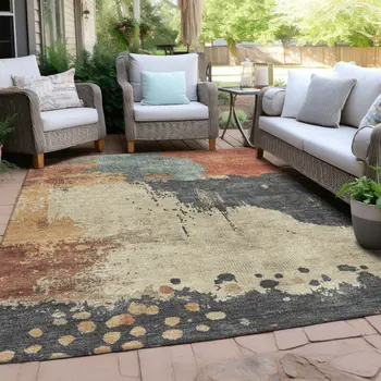 8' X 10' Rust Beige And Charcoal Abstract Washable Indoor Outdoor Area Rug