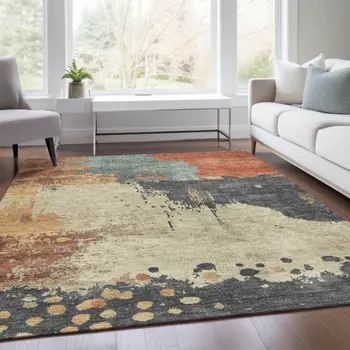 8' X 10' Rust Beige And Charcoal Abstract Washable Indoor Outdoor Area Rug