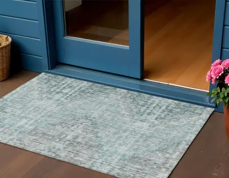 3' X 5' Teal Blue And Ivory Geometric Washable Indoor Outdoor Area Rug