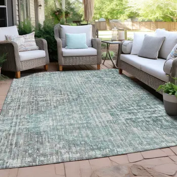 3' X 5' Teal Blue And Ivory Geometric Washable Indoor Outdoor Area Rug