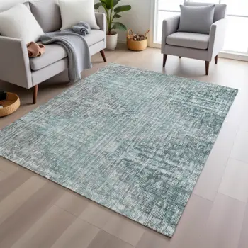 3' X 5' Teal Blue And Ivory Geometric Washable Indoor Outdoor Area Rug