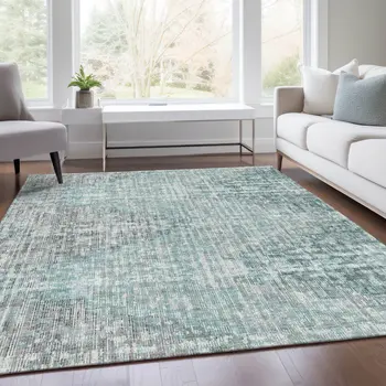 3' X 5' Teal Blue And Ivory Geometric Washable Indoor Outdoor Area Rug