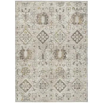 9' X 12' Linen And Ivory Floral Medallion Washable Indoor Outdoor Area Rug