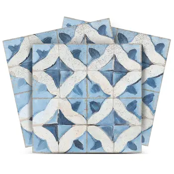 4" x 4" Blue Vinyl Arabesque Peel And Stick Removable Tiles