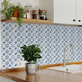 4" x 4" Blue Vinyl Arabesque Peel And Stick Removable Tiles