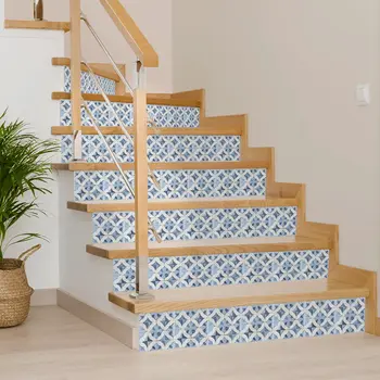 6" x 6" Blue Vinyl Arabesque Peel And Stick Removable Tiles