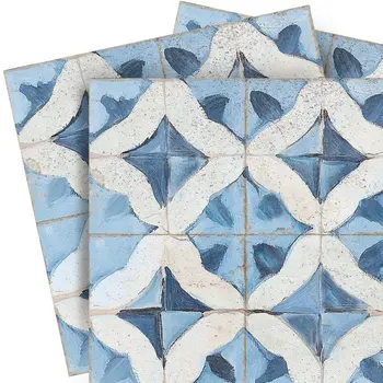 7" x 7" Blue Vinyl Arabesque Peel And Stick Removable Tiles