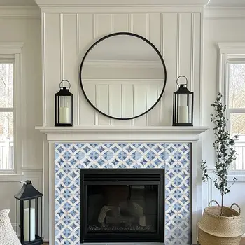 7" x 7" Blue Vinyl Arabesque Peel And Stick Removable Tiles