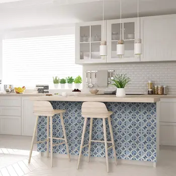 7" x 7" Blue Vinyl Arabesque Peel And Stick Removable Tiles
