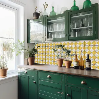 6" x 6" Yellow Vinyl Arabesque Peel And Stick Removable Tiles