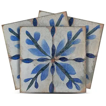 6" x 6" Blue Vinyl Arabesque Peel And Stick Removable Tiles