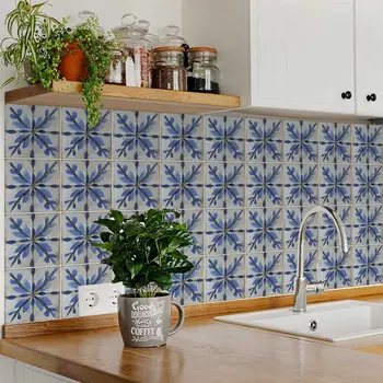 6" x 6" Blue Vinyl Arabesque Peel And Stick Removable Tiles