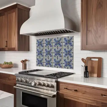 6" x 6" Blue Vinyl Arabesque Peel And Stick Removable Tiles