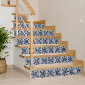 6" x 6" Blue Vinyl Arabesque Peel And Stick Removable Tiles