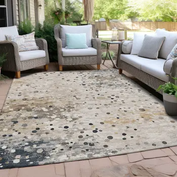 5' X 8' Ivory And Taupe Abstract Washable Indoor Outdoor Area Rug