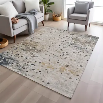 5' X 8' Ivory And Taupe Abstract Washable Indoor Outdoor Area Rug