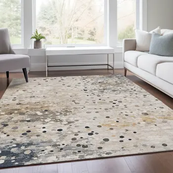5' X 8' Ivory And Taupe Abstract Washable Indoor Outdoor Area Rug