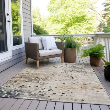 5' X 8' Ivory And Taupe Abstract Washable Indoor Outdoor Area Rug