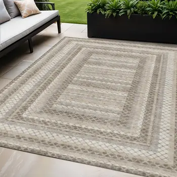 5' X 8' Taupe And Ivory Geometric Washable Indoor Outdoor Area Rug