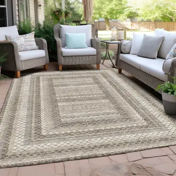 5' X 8' Taupe And Ivory Geometric Washable Indoor Outdoor Area Rug