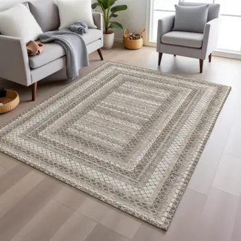 5' X 8' Taupe And Ivory Geometric Washable Indoor Outdoor Area Rug