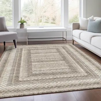 5' X 8' Taupe And Ivory Geometric Washable Indoor Outdoor Area Rug
