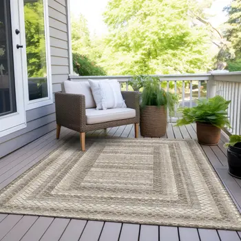 5' X 8' Taupe And Ivory Geometric Washable Indoor Outdoor Area Rug