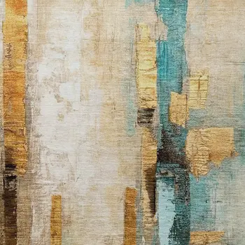 9' X 12' Beige And Teal Blue Abstract Washable Indoor Outdoor Area Rug