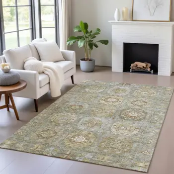 3' X 5' Sage Brown And Taupe Medallion Washable Indoor Outdoor Area Rug