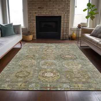 3' X 5' Sage Brown And Taupe Medallion Washable Indoor Outdoor Area Rug