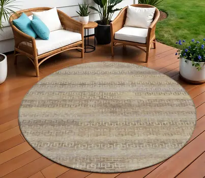 8' Beige And Wheat Round Striped Washable Indoor Outdoor Area Rug