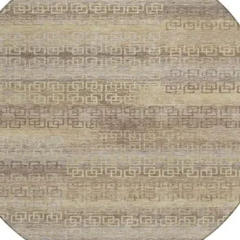 8' Beige And Wheat Round Striped Washable Indoor Outdoor Area Rug